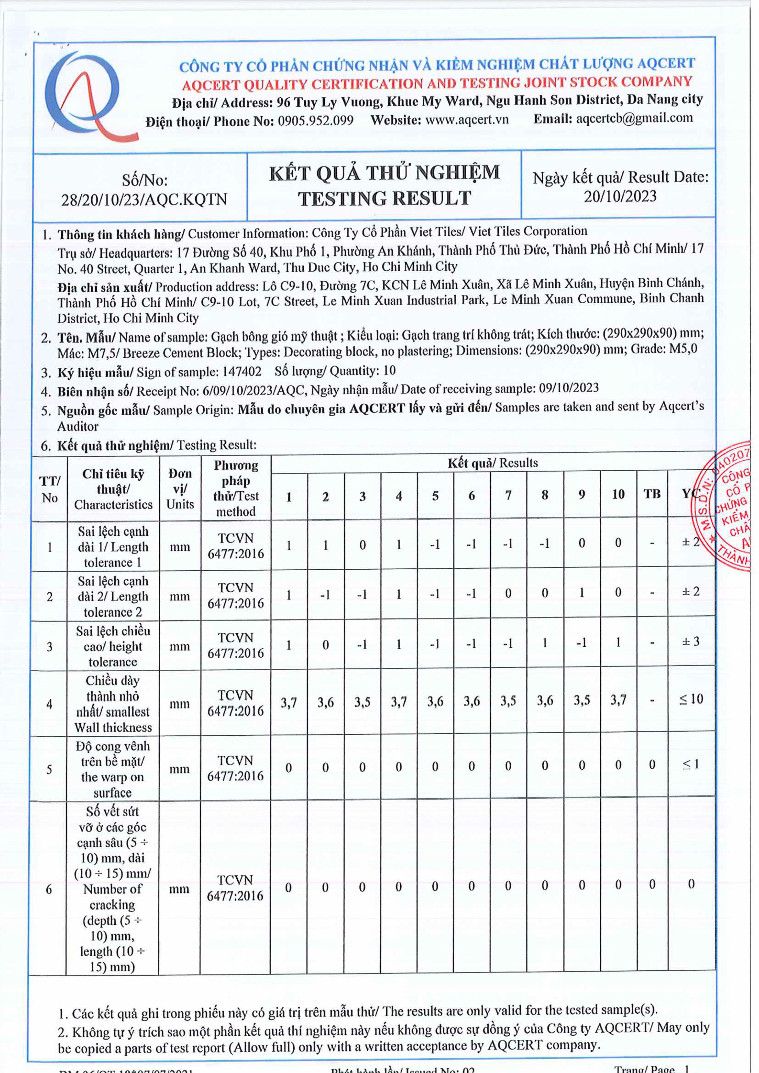 F24.HL.08-Test report-Gạch Bông gió-290x290x90-28.20.10.23.AQC.KQTN